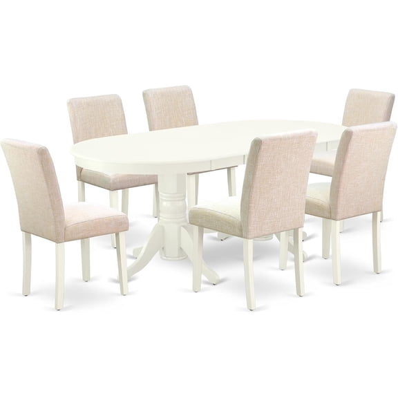 HomeStock 7 Piece Modern Dining Table Set Consist of an Oval Wooden Table with Leaf and 6 Light Beige Linen Fabric Parsons Chairs, 40x76 Inch, Linen White