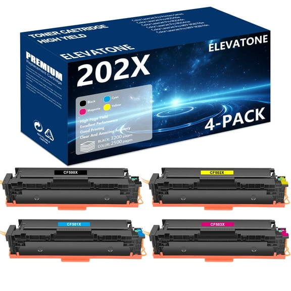 Elevatone 202X Toner Cartridge 4-Pack 202X 202A CF500A m281fdw MFP M281fdw M281cdw M254dw M281 M281fdn M254 Toner Printer (Black Cyan Yellow Magenta)