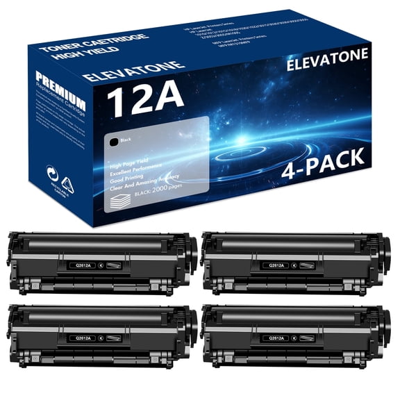 Elevatone Compatible for HP 12A Black Toner Cartridge Q2612A 12A LaserJet 1010 1012 1015 1018 1020 1022 3015 3020 3030 3050 3050Z 3052 3055 M1005MFP M1319MFP Printer Ink (Black,4-Pack)