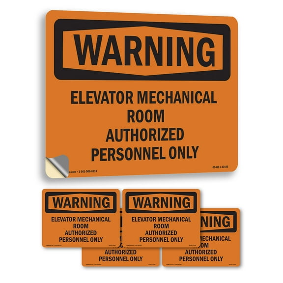 Elevator Mechanical Room Authorized Personnel Only OSHA WARNING Vinyl Decal Label 18 Inch x 12 Inch - 5 Pack