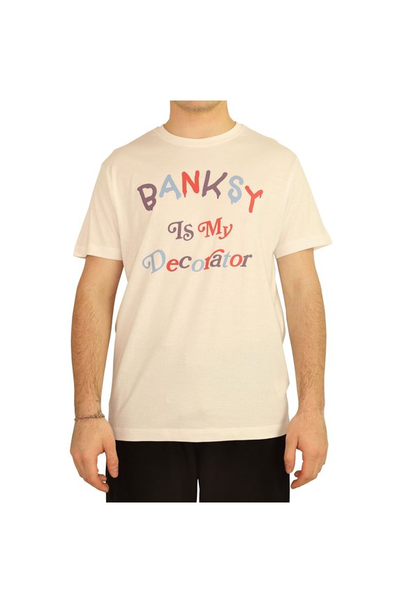 Elevenparis Mens Banksy Is My Decorator Graphic T-Shirt, White, Medium