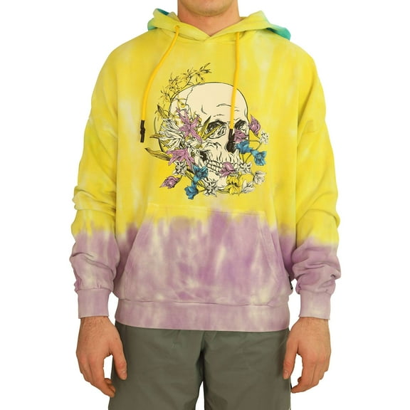 Elevenparis Mens Floral Skull Hoodie Sweatshirt, Yellow, Large