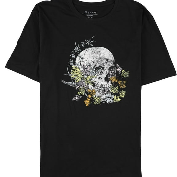 Elevenparis Mens Flowers & Skull Graphic T-Shirt, Black, X-Large