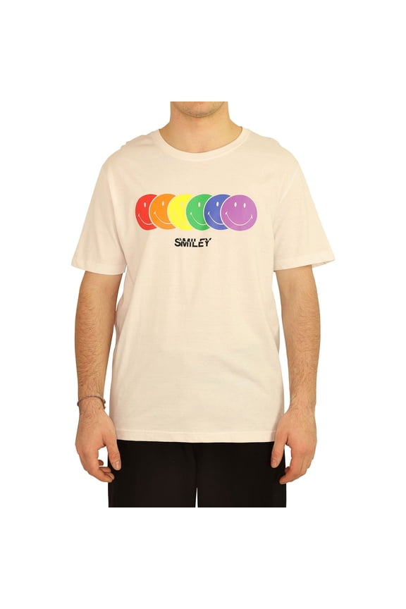 Elevenparis Mens Rainbow Smiley Graphic T-Shirt, White, Small