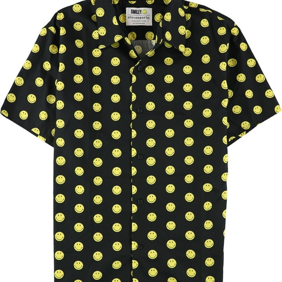 Elevenparis Mens Smiley Button Up Shirt, Black, Medium