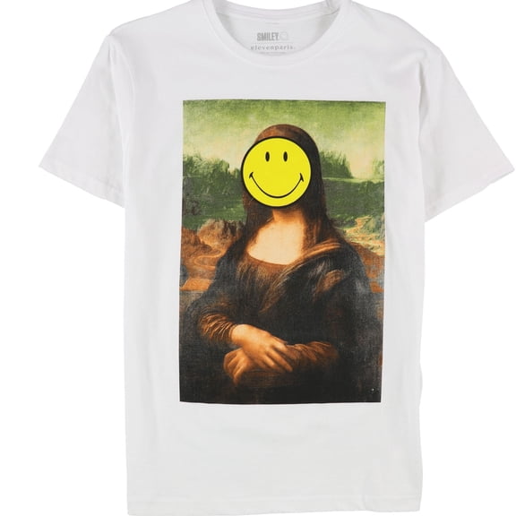 Elevenparis Mens Smiley Mona Lisa Graphic T-Shirt, White, Medium