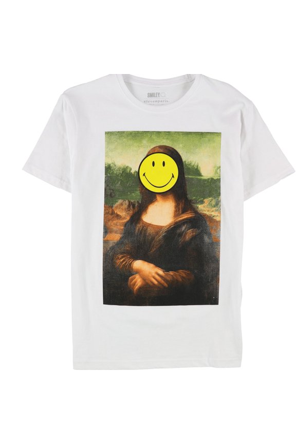 Elevenparis Mens Smiley Mona Lisa Graphic T-Shirt, White, Medium