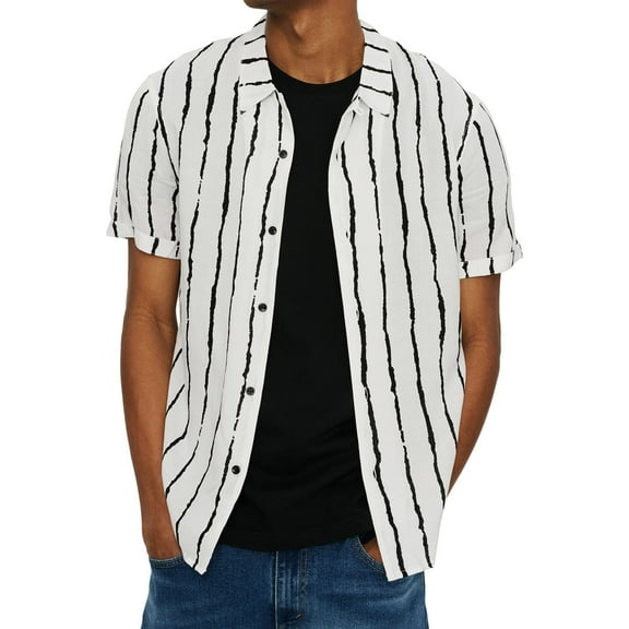Elevenparis Mens Striped Button Up Shirt, White, Medium