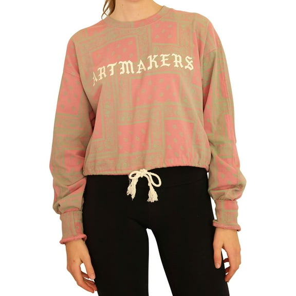 Elevenparis Womens Cropped Drawstring Graphic T-Shirt, Pink, Small