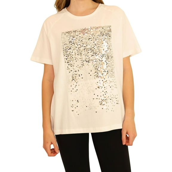 Elevenparis Womens Sequin Embellished T-Shirt, White, Medium