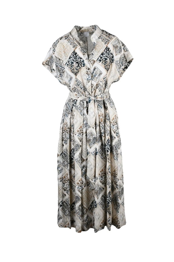 Beige Blue Linen Shirt Dress (Women's)