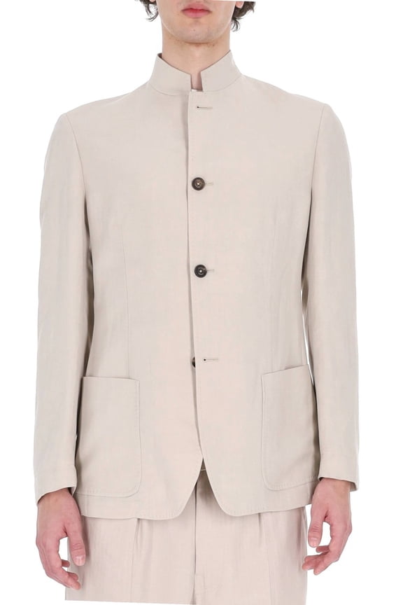 Beige Mao Band Collar Lyocell-Linen Jacket (Men's)