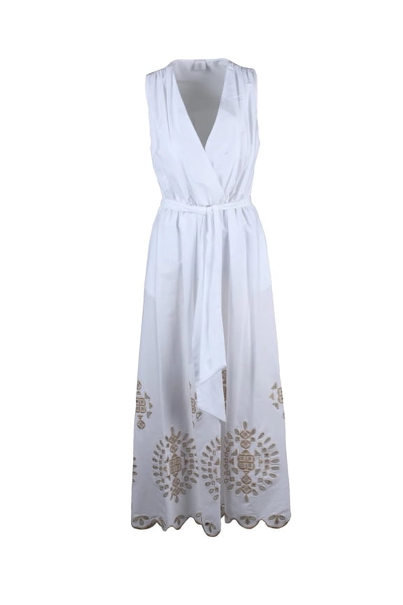 White Beige Cotton Elastane Women Long Dress (Women's)