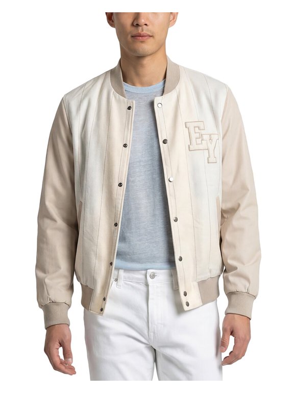 mens Leather-Trim Linen, Wool & Silk-Blend Bomber Jacket, 50