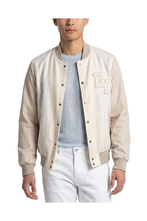 mens Leather-Trim Linen, Wool & Silk-Blend Bomber Jacket, 50