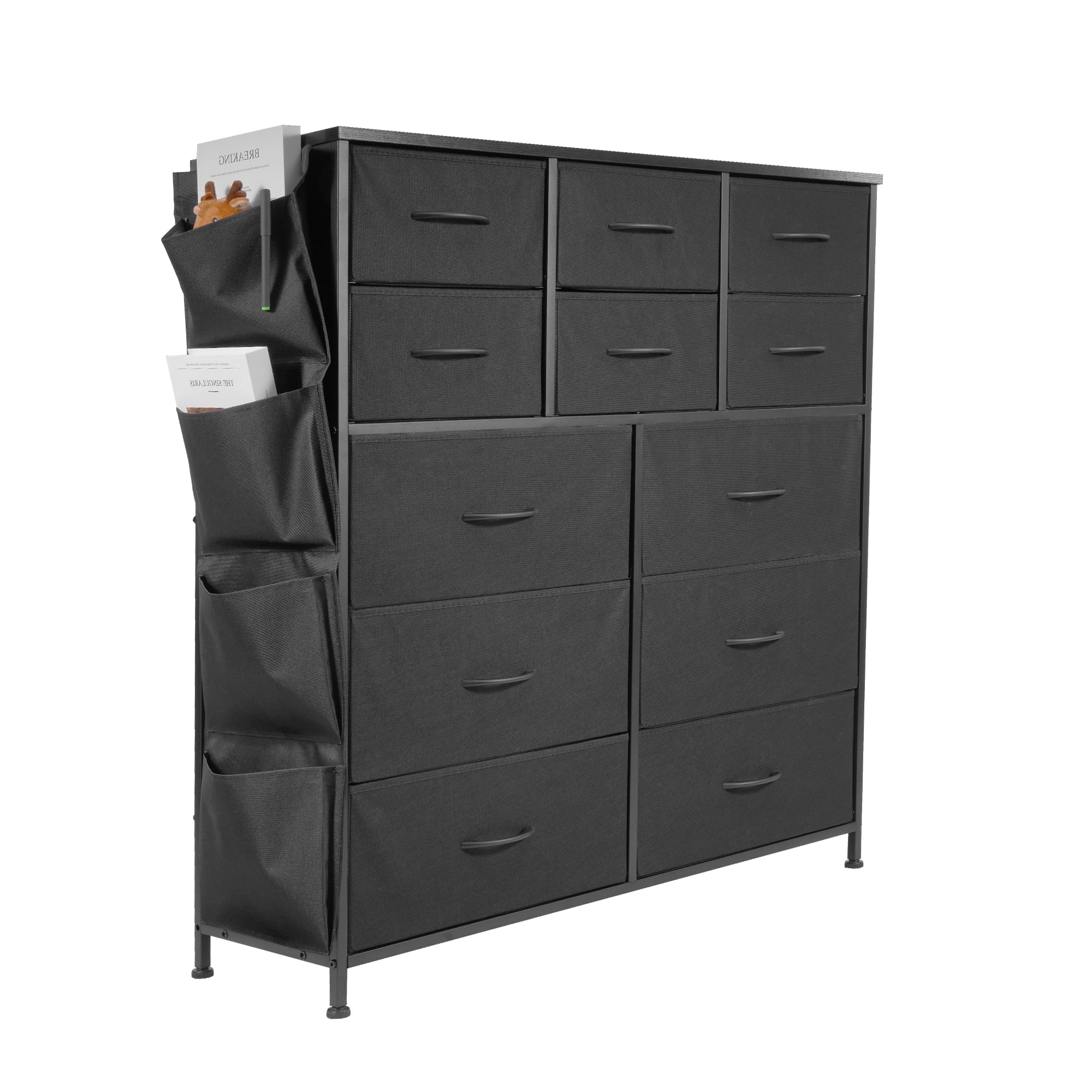 Elevon 12-Drawer Storage Cabinet, Fabric Dresser with Steel Frame and Wooden Top Wood Grain Finish, Gray