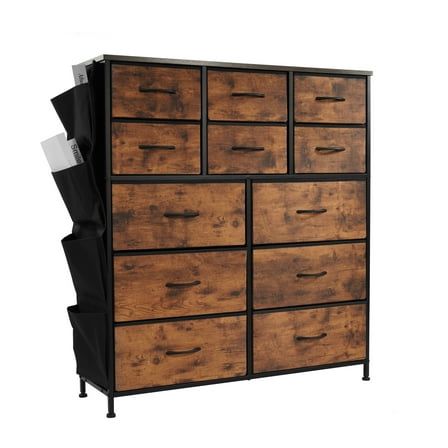 Elevon 12-Drawer Storage Cabinet, Fabric Dresser with Steel Frame and Wooden Top, Bedroom Storage Tower with Easy-Pull Handles, Wood Grain Finish, Ideal for Hallway, Bedroom, or Living Room