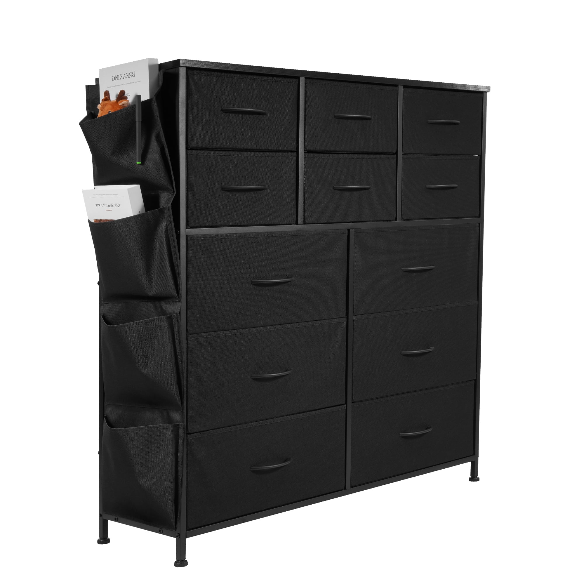 Elevon 12-Drawer Storage Cabinet, Fabric Dresser with Steel Frame, Bedroom Storage Tower with Easy-Pull Handles, Wood Grain Finish, Black