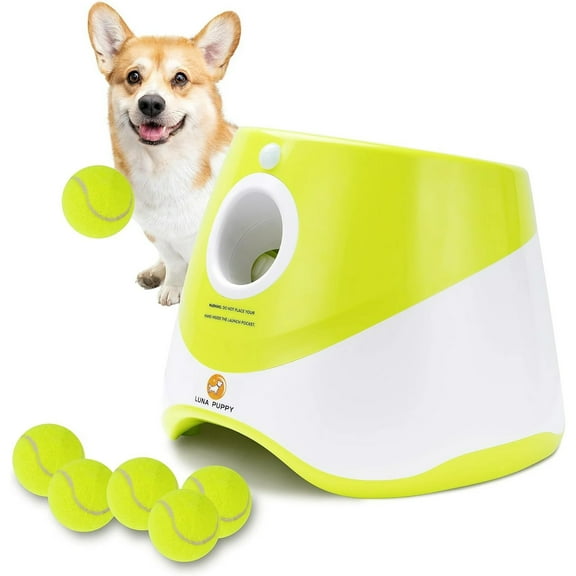 Elevon Automatic Dog Ball Launcher, Indoor/Outdoor Interactive Dog Toy with Three Ranges, Includes 6 Mini Tennis Balls and a Data Line, Suitable for Small and Medium-Sized Dogs, Green
