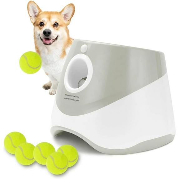 Elevon Dog Ball Thrower Launcher, Indoor/Outdoor Automatic Ball Launcher for Small and Medium-Sized Dogs, Includes 6 Mini Tennis Balls and a Data Line, Grey