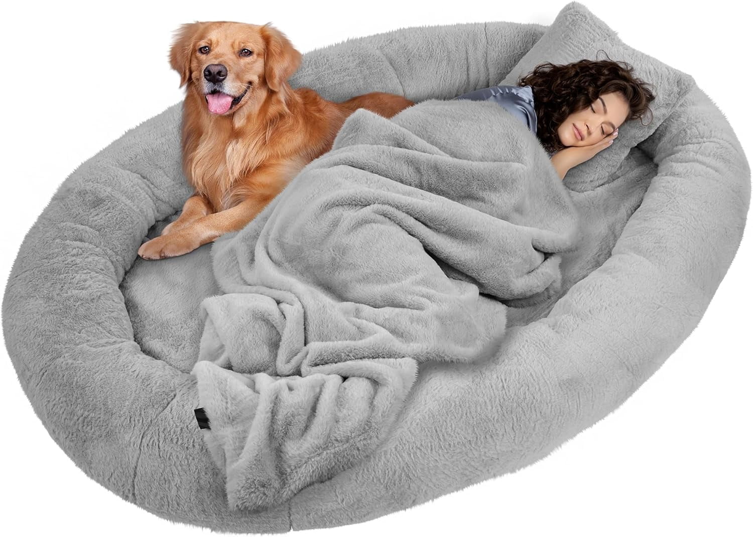 Elevon Extra Large Dog Bed 71"x47"x12" – Premium Washable Faux Fur Pet Bed with Soft Blanket & Pillow, Removable Memory Foam Mattress, Non-Slip Bottom, Gray