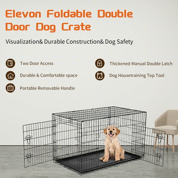 Elevon Foldable Double Door Dog Crate with Leak-Proof Tray, 24-Inch