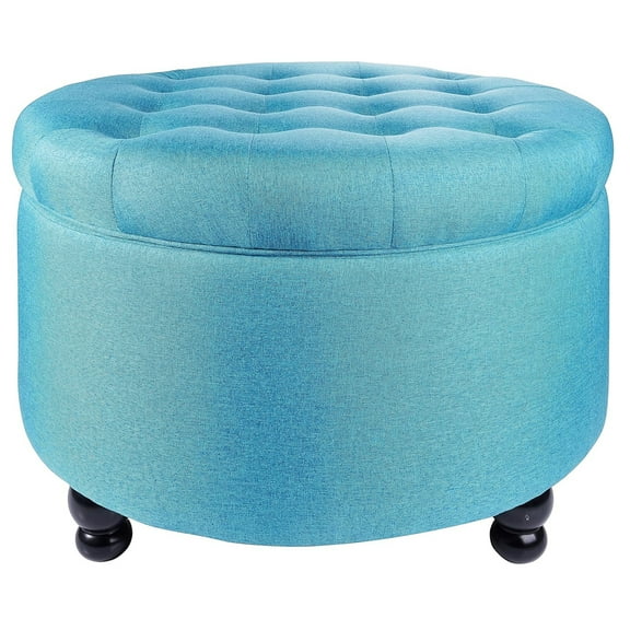 Elevon Large Round Storage Ottoman with Hidden Compartment, Upholstered Accent Ottoman for Living Room and Bedroom, Navy Blue / Blue / Grey