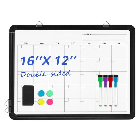 Elevon Monthly Dry Erase Calendar Whiteboard, 16" x 12" Double-Sided Wall-Mounted Whiteboard for Office, Desk, Kitchen, or Dorm Room Organization