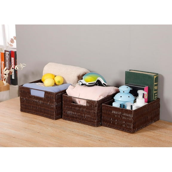 Elevon Rectangle Wicker Storage Baskets for Storage Racks, Shelves, Organizing, Handmade Wicker Storage Baskets Organizer, Waterproof Woven Storage for Toilet Shelf, Laundry Room, Brown, 3-Pack