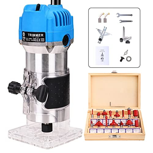 Elevon Wood Router with 15 Bits, Laminate Milling Engraving Hand Machine Joiner Tool Electric Trimmer, 800W 110V Compact Palm Router, Compact Router with Edge Guide and Roller Guide, 26PCS