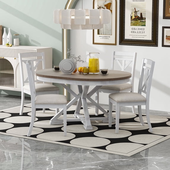 Eley 5pc Dining Set Round Table 4x Side Chairs - Brown+White