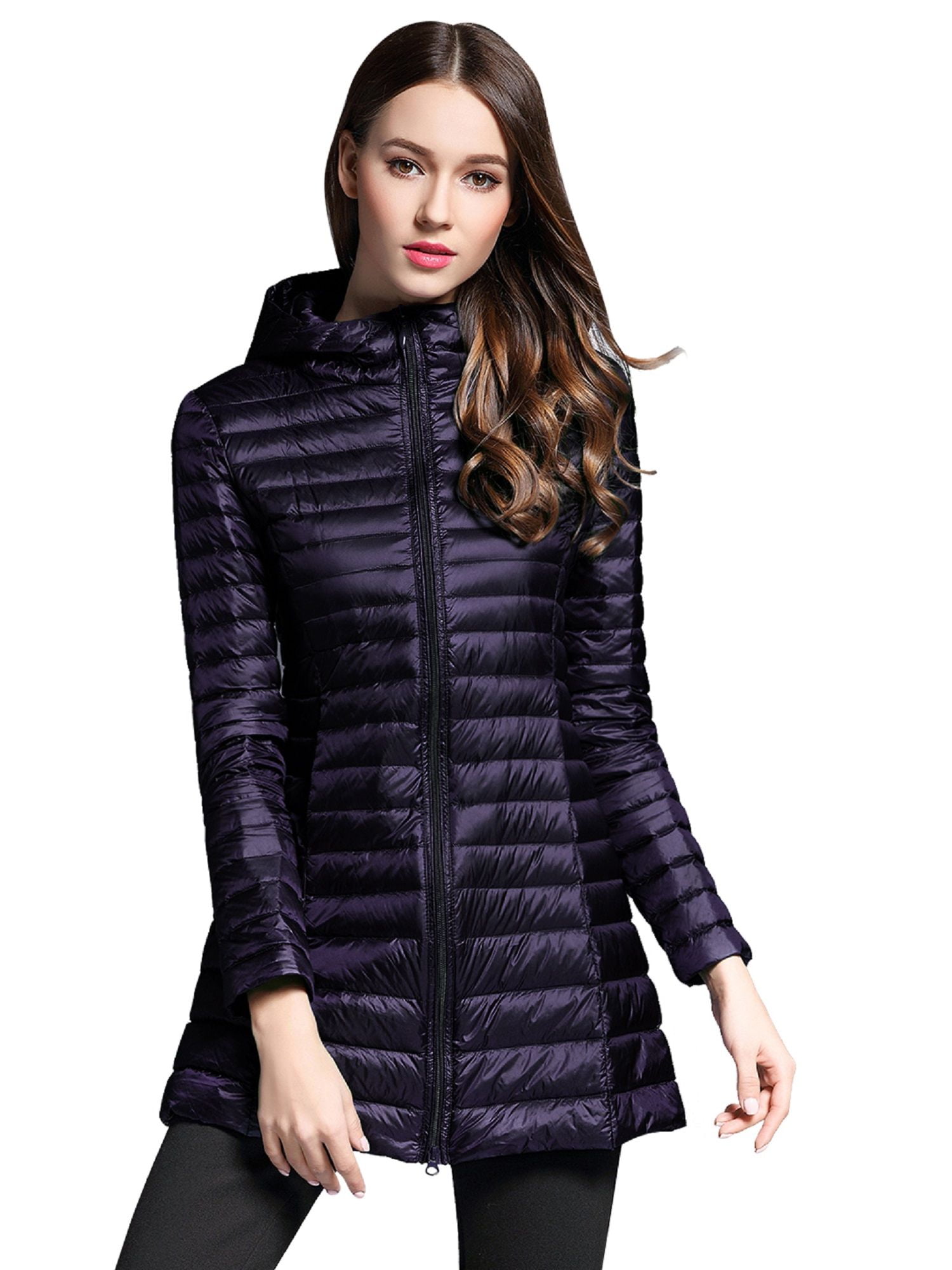 Elezay Women Lightweight Down Jacket Long Jacket Winter Down Coat Windproof  Puffer Coats Hooded Packable Navy M