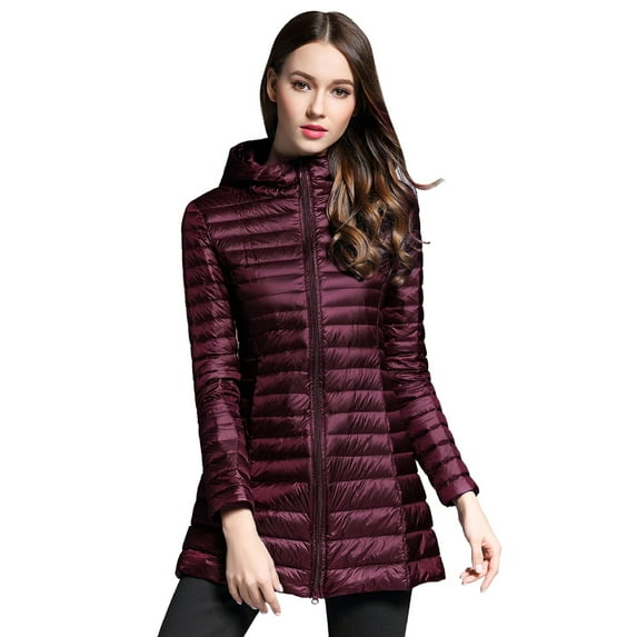 Elezay Women Lightweight Down Jacket Long Jacket Winter Down Coat Windproof Puffer Coats Hooded Packable Purple L