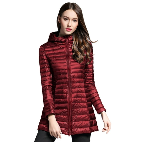 Elezay Women Lightweight Down Jacket Long Jacket Winter Down Coat Windproof Puffer Coats Hooded Packable Wine S