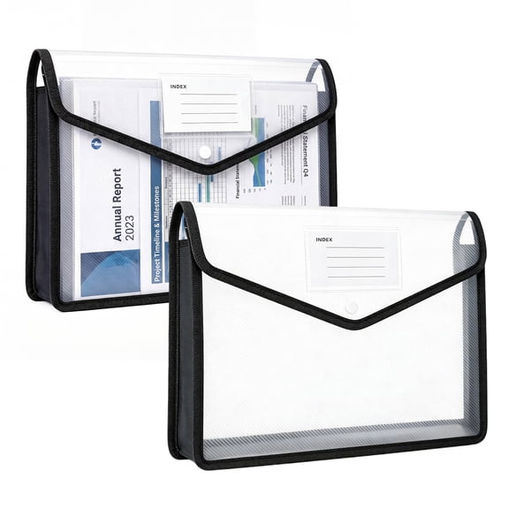Elezeal 2-Pack A4 FC Plastic Transparent Document Wallet, Snap File Organizer for School Office Home Use
