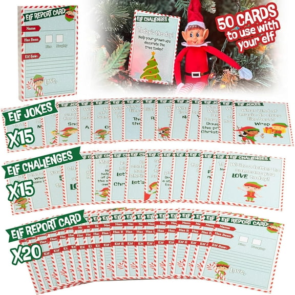 Elf Accessory Naughty or Nice Report Cards, Jokes, X-Mas Activity Challenges for Your Shelf Elf - 50 Unique Cards - Make Christmas Fun for Kids & Family w Unique Holiday Treats from Santa