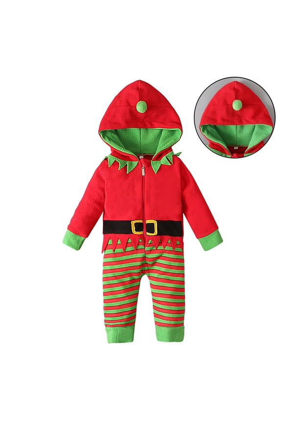 Elf Baby Boy Outfit Long Sleeve Elf Hooded Rompers Jumpsuits Party Outfit Baby First Christmas Outfit 12-18 Months