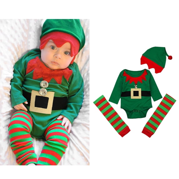 Elf Baby Boy Outfit Long Sleeve Elf Rompers Jumpsuits Hat Set Party Outfit Boy Christmas Outfit 6-12 Months