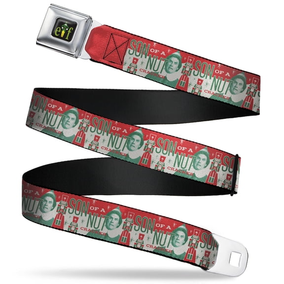 Elf Belt, Seatbelt Buckle Belt, Buddy the Elf Son of a Nutcracker Pose Red White Green, 30 to 44 Inches