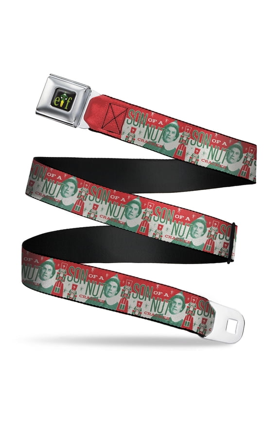 Elf Belt, Seatbelt Buckle Belt, Buddy the Elf Son of a Nutcracker Pose Red White Green, Youth 22 to 32 Inches