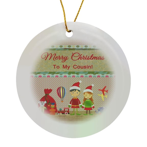 3drose, Elf Boy and Girl, Santa Workshop with Toys, Merry Christmas to Cousin, Circle Porcelain Ornament