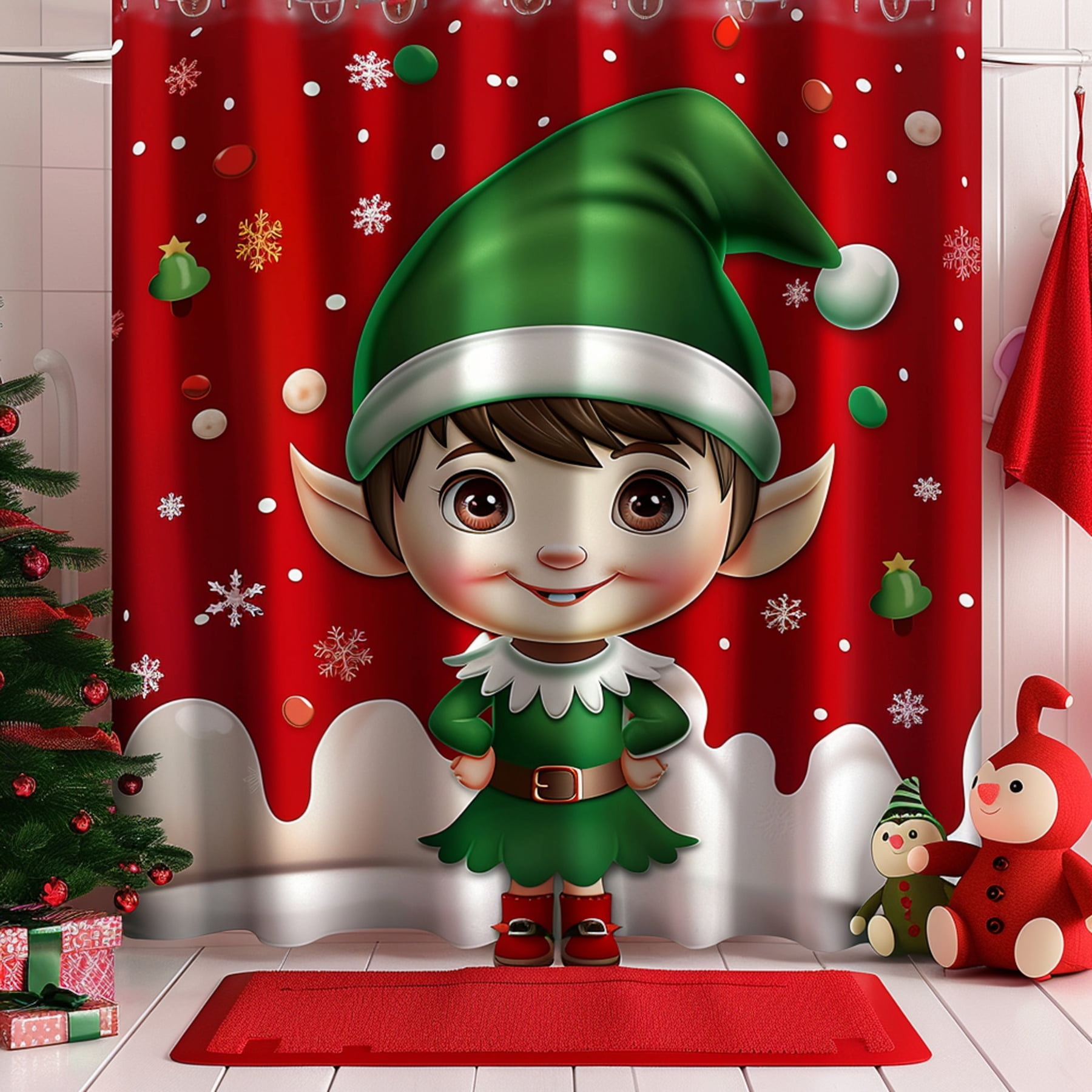 Elf Boy Christmas Bathroom Set with Red Curtain Festive Green and White