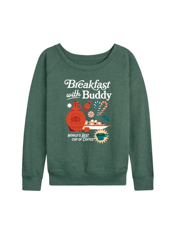 - Breakfast With Buddy Women's Lightweight French Terry Wide Neck Long Sleeve Graphic Shirt