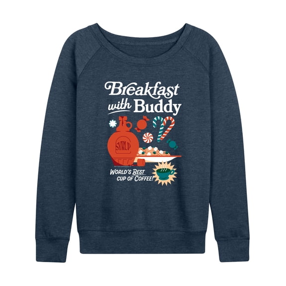 Elf - Breakfast With Buddy Women's Lightweight French Terry Wide Neck Long Sleeve Graphic Shirt