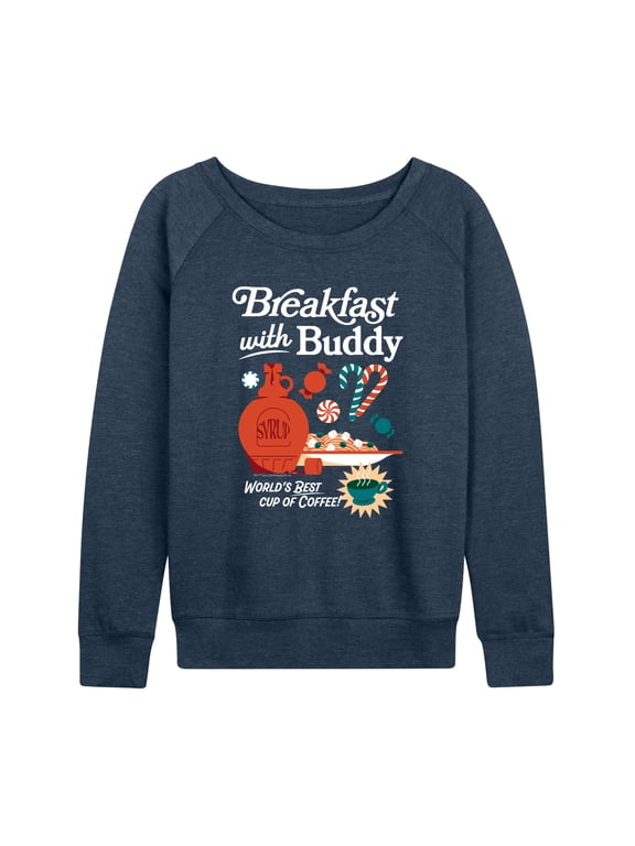 - Breakfast With Buddy Women's Lightweight French Terry Wide Neck Long Sleeve Graphic Shirt