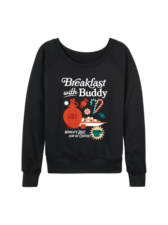 - Breakfast With Buddy Women's Lightweight French Terry Wide Neck Long Sleeve Graphic Shirt
