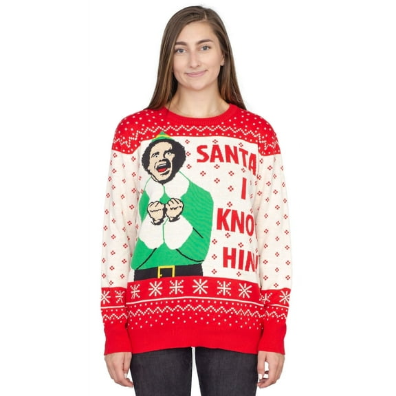 Elf Buddy Santa I Know Him Pattern Ugly Christmas Sweater (Adult 4X-Large)