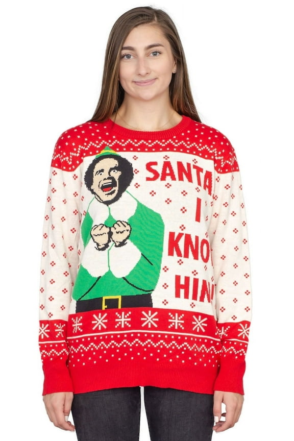 Elf Buddy Santa I Know Him Pattern Ugly Christmas Sweater (Adult 4X-Large)