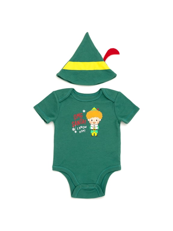 Baby Boy or Girl Christmas Cosplay Bodysuit and Hat Set Buddy Green