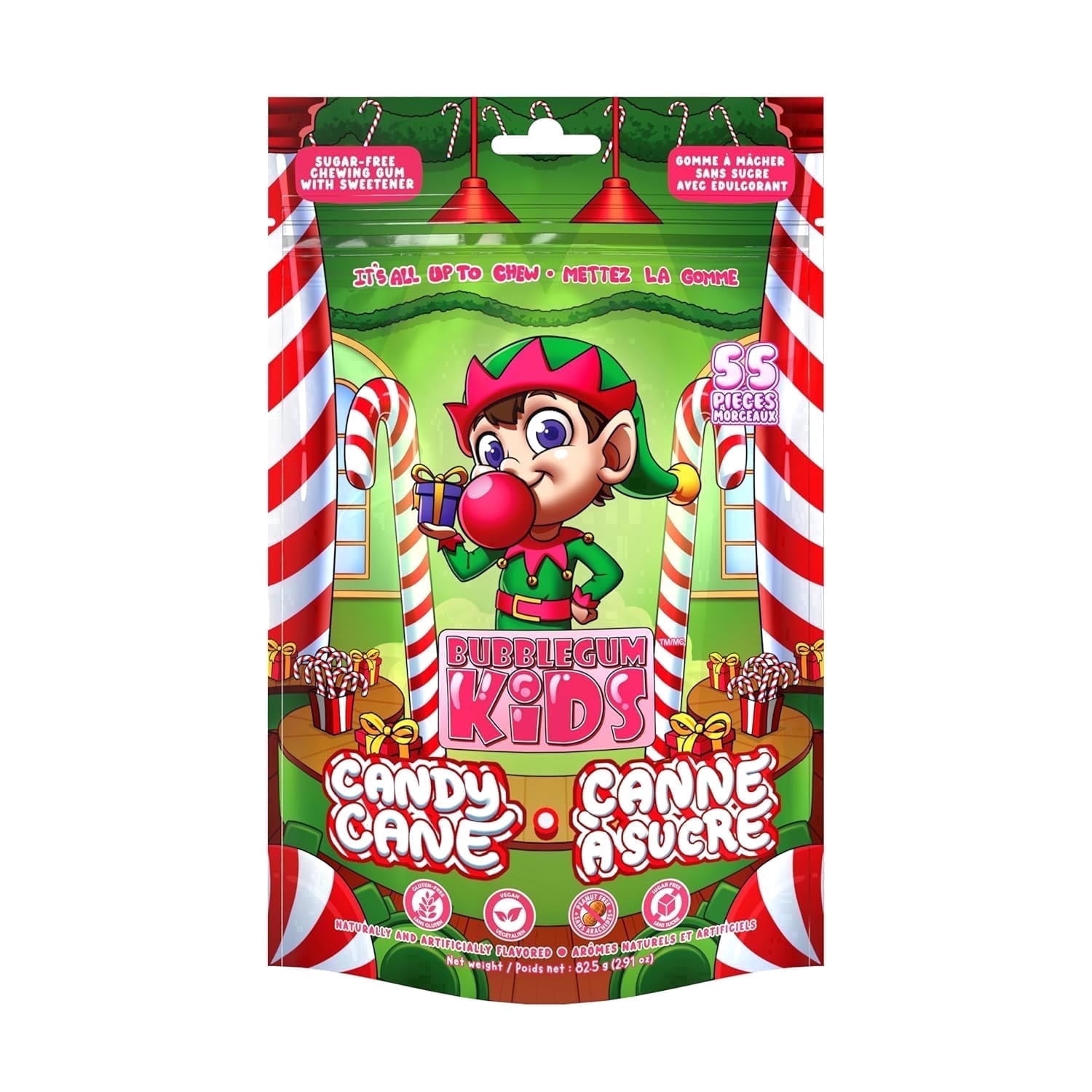 Bubblegum Kids Elf Candy Cane Sugar Free Gum with Xylitol, Chewing Gum, Peppermint Flavor, 10-Pack (55 Count/Pack)